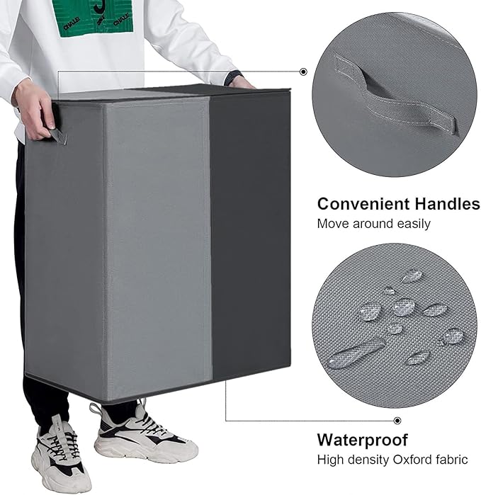 WOWLIVE Double Laundry Baseket with Lid and Removable Laundry Bags,154L Large Laundry Hamper 2 Section Collapsible Dirty Clothes Hamper for Laundry Room,College Dorm,Bathroom, Black and Grey