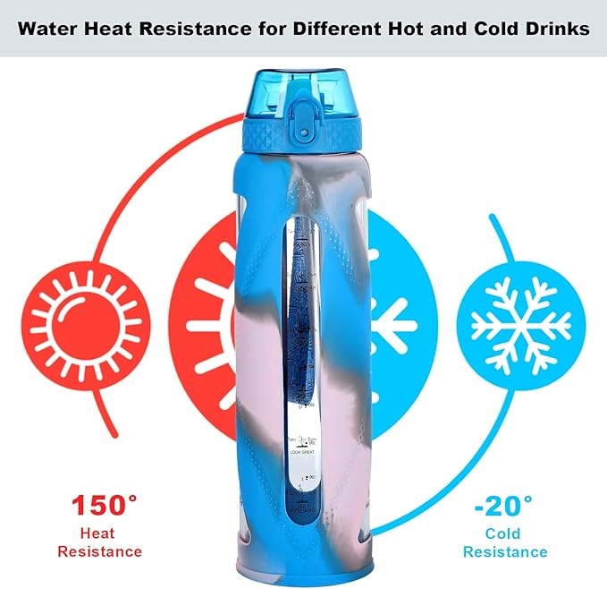 Glass Water Bottles with Straw and Flip Lid, Motivational Water Bottles with Time Marker Reminder and Silicone Sleeve, Leakproof, BPA Free (32 oz, Blue Grey & Pink)