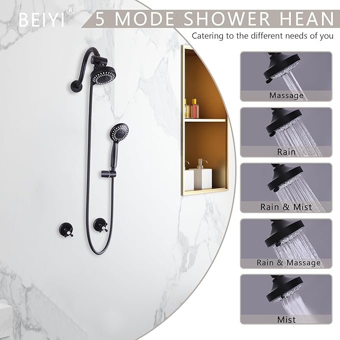 2 Handle Shower Faucet Set, Matte Black 5 Mode Shower Faucet Sets Complete Two Handle Shower Head and Handle Set Bathroom Shower Trim Kit with Rough-in Valve