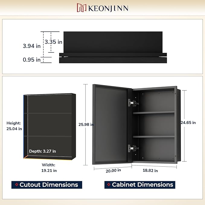 Keonjinn 21" x 27" Black Medicine Cabinet for Bathroom, Recessed or Surface Wall-Mounted Aluminum Alloy Framed Beveled Mirror with Storage, Mirrored Cabinets with 2 Adjustable Shelves for Bath Modern