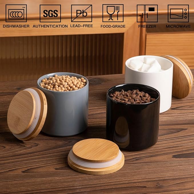 Sweejar Kitchen Ceramic Food Storage Containers, Stackable Canisters for Countertop with Airtight Boomboo Lids for Serving Ground Coffee, Tea, Sugar, Salt and More- 16 Fl Oz (White)