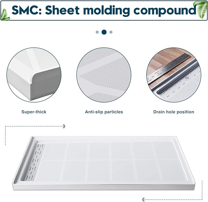 ELEGANT 60'' L x 32'' W x 4'' H Shower Base with 304 Left Trench Stainless Steel Drain Solid Surface Shower Pan White Including Drain Cover