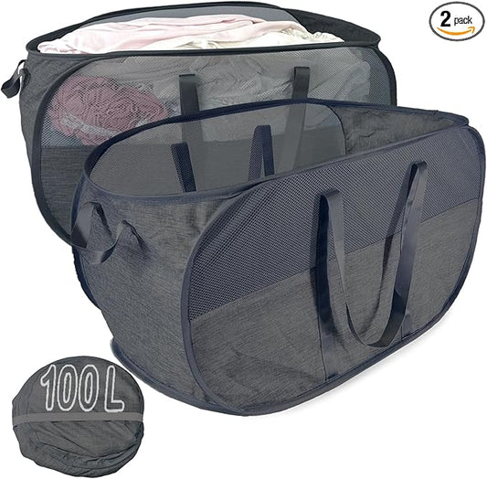 Extra Large Mesh Pop Up Laundry Hamper 2 Pack,100L Collapsible Laundry Baskets, Dirty Clothes Hamper with Reinforced Handles, Folding Hampers for Travel, Nursery, Dorm or Home. Black