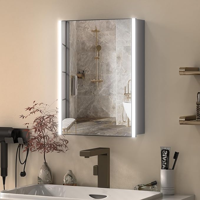 16x20 Inch Medicine Cabinet with LED Light Mirror, Brightneess Adjustable and Full-Assembled Bathroom Aluminum Cabinet with Storage, Surface or Recessed Tempered Cabinet, Farmhouse Black