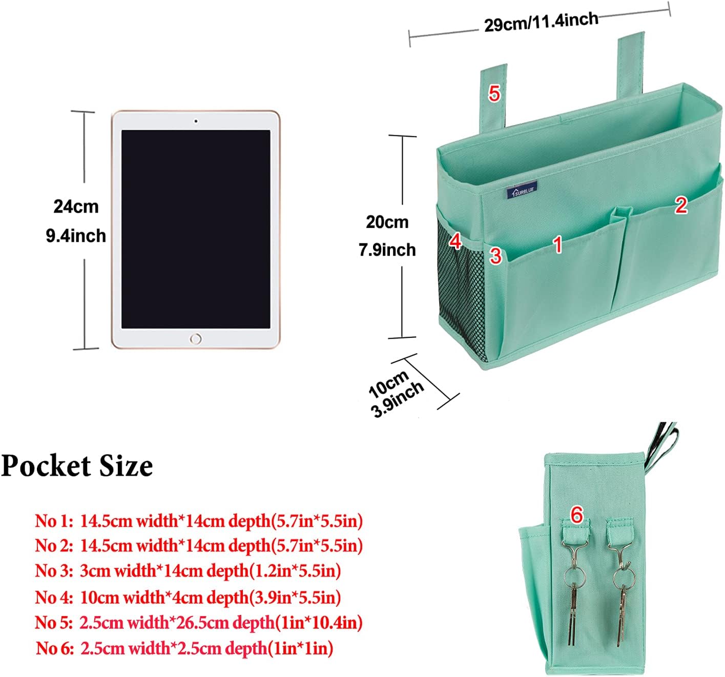 Surblue Caddy Hanging Organizer Bedside Storage Bag for Bunk and Hospital Beds, Green, Small