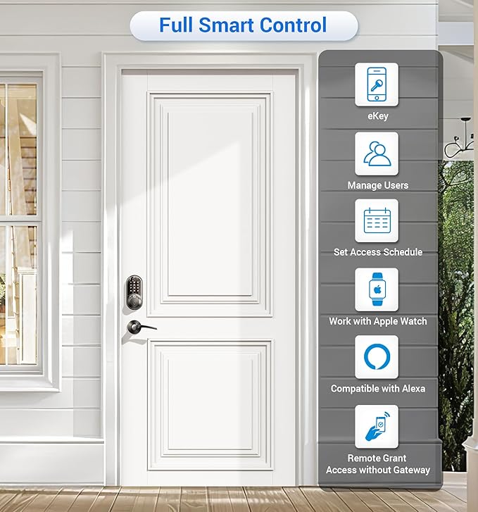 Veise RZ07B Smart Locks for Front Door, 2 Lever Handles, Fingerprint Keyless Entry, App Control Biometric Door Lock Set, Touchscreen Keypad Deadbolt, Easy Install, Auto Locking, Matte Black
