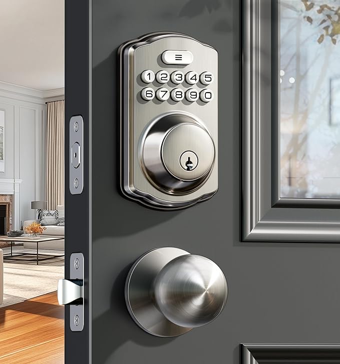 Veise Keyless Entry Door Lock with 2 Knobs, Electronic Backlit Keypad Deadbolt with Handle Set, Auto Lock, One-time Codes, Smart Deadbolt for Front Door, Easy Installation, Satin Nickel