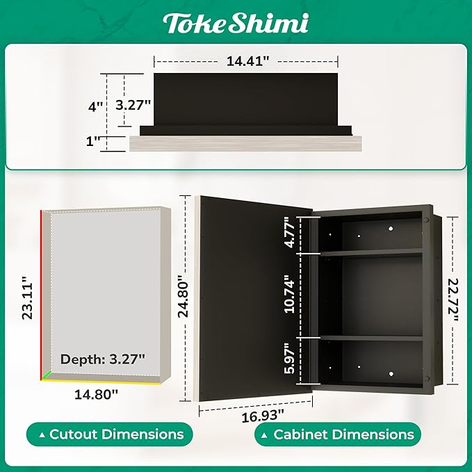 TokeShimi 17x25 Beveled Mirrored Medicine Cabinet Wall Mounted or Recessed Medicine Cabinet with Mirror for Bathroom Brushed Nickel, Aluminum Framed Metal Mirror with Storage Adjustable