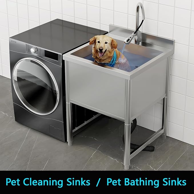 Stainless Steel Commercial Restaurant Sink, Freestanding Large Commercial Sink with Pull-out Faucet for Kitchen Dishwashing, Thawing, Pet Cleaning, Laundry Room, 23.6"D x 21.6"W x 36.8"H