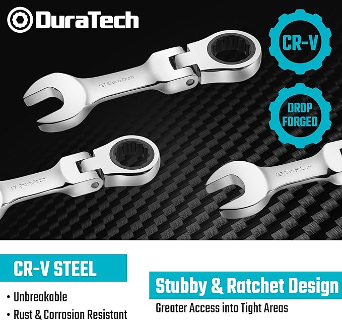 DURATECH Stubby Flex-head Ratcheting Combination Wrench Set, Metric, 12-piece, 8-19mm, CR-V Steel, with Pouch
