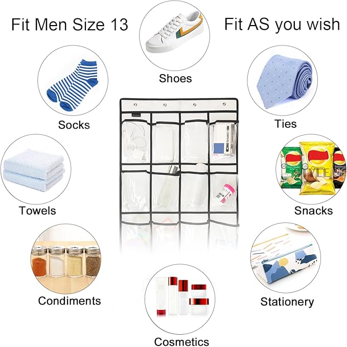 2 Pack Extra Large Hanging Crystal Clear Over Door Shoe Organizers, Closet Shoe Rack Organizer, 12+6 Pockets, 8 Hooks, White (59" x 21.6")
