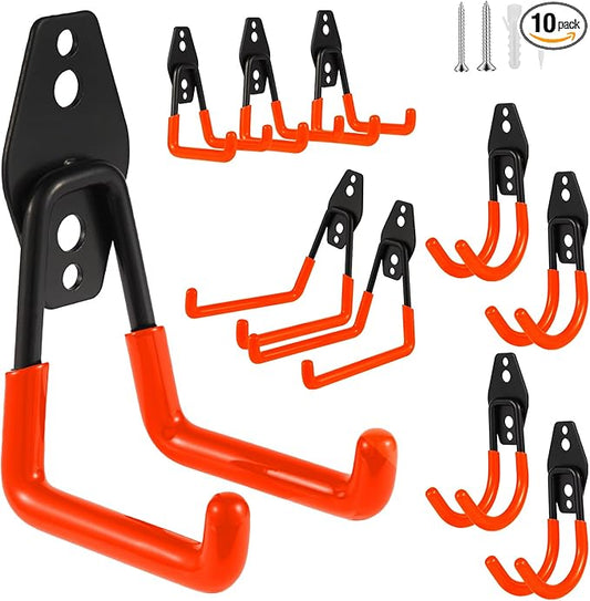 Steel Garage Hooks Wall Tool Organizer, 10 Pack Garage Storage Hook Heavy Duty Utility Storage Hangers Orange for Ladders, Ropes, Garden Tools
