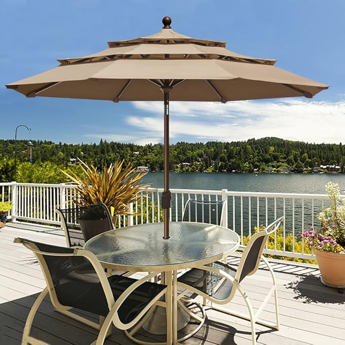 EliteShade USA 10-Year-Non-Fading 9Ft 3 Tiers Market Umbrella Patio Umbrella Outdoor Table Umbrella with Ventilation, Heather Beige