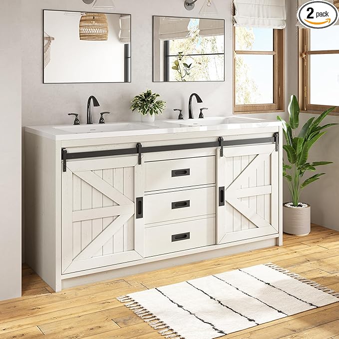 60" Farmhouse Sliding Barn Door Double Vanity with Sink Combo, Freestanding Bathroom Vanity Cabinet with Drawers & Metal Handles, Distressed White