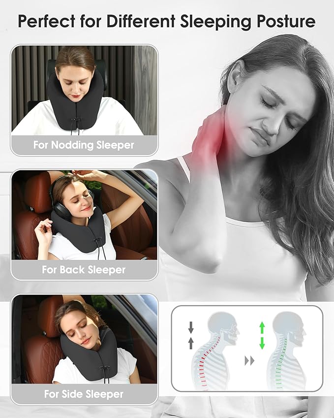 Neck Pillow Airplane, Memory Foam 2-in-1 Travel Pillow for Long Flight Essentials, Earplugs and Storage Bag, U-Shaped Hump Napping Pillow for Planes, Trains, Self-Driving Cars