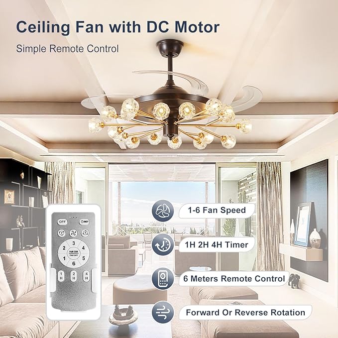 Sputnik Fandelier Ceiling Fan: 48" Gold Chandelier with Fan and Remote for Living Room - 18 Lights Black Fandelier for Bedroom - Retractable Crystal Ceiling Fans with Lights Farmhouse