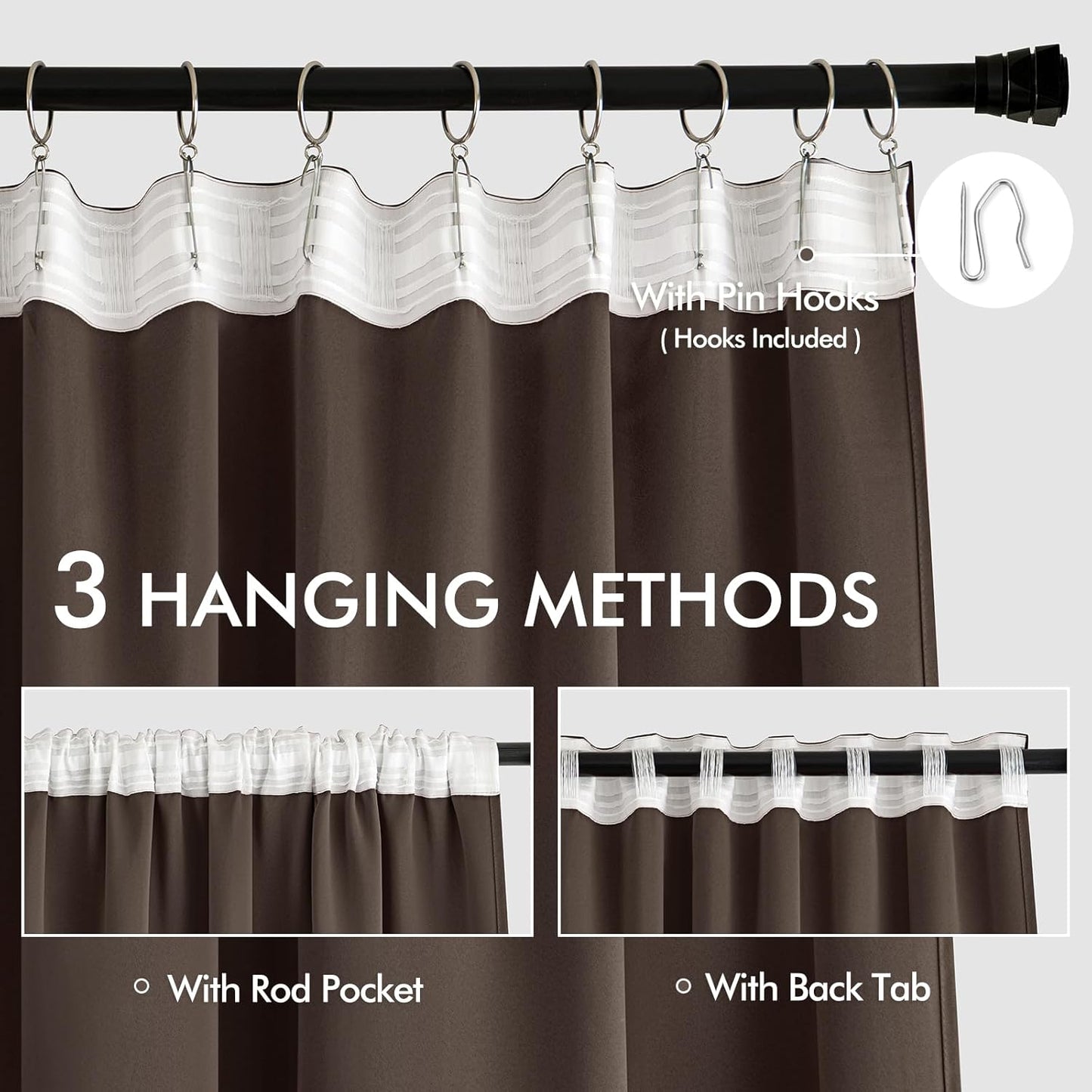 MIULEE Chocolate Brown Back Tab Blackout Curtains 72 Inches Long 2 Panels Set for Living Room Bedroom Privacy, Rod Pocket/Pinch Pleat Thermal Insulated Room Darkening Pleated Light Blocking Drapes