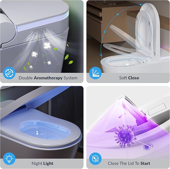 Tankless Smart Toilet with Bidet Built In, Heated Seat, Warm Water and Dry, Bidet Toilet with Foot Sensor and Night Light, Auto Flush, Auto Open/Close Lid, Wireless Remote, 1000g MAP Flush, 1.08GPF