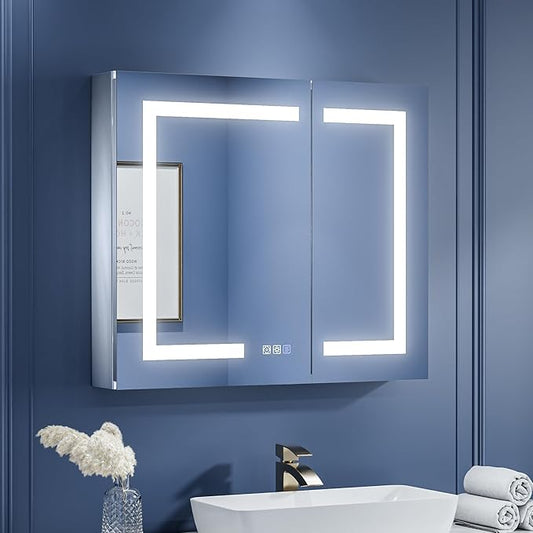 ExBrite LED Lighted Bathroom Medicine Cabinet with Mirror, 30 x 26 Inch, Recessed or Surface Mount, Anti-Fog, Stepless Dimming, Color Temperature Change, Built-in 6000K Sensor Light, Storage Shelves