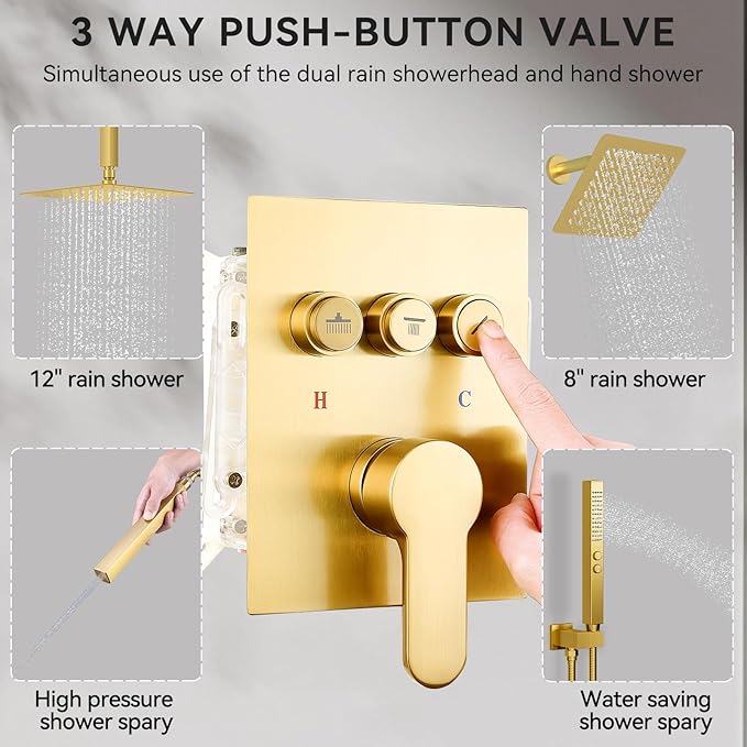Shower Faucet Set Matte Black Shower System, 12" Ceiling Rainfall Shower and 8" Rain Shower with 2 in 1 Handheld, Can Use All at Once, Wall Mount Pressure Balance Rough-in Valve and Trim Kit