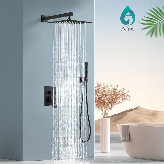 Aolemi Shower System with Rainfall Shower Head and Handheld Wall Mount,High Pressure Shower Faucet Set Fixture Combo with 2 in 1 Handheld Spray Rough-in Valve,10 Inch Shower Head Matte Black