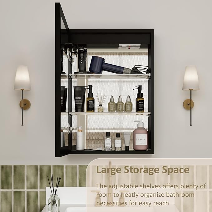 20x28 Inch Medicine Cabinet with Lights and Mirror, Recessed or Surface Mount LED Bathroom Medicine Cabinet, Anti-Fog, Adjustable Shelf, Dimmable Light, Outlets & USB, ETL Listed, Left Hinge,Black