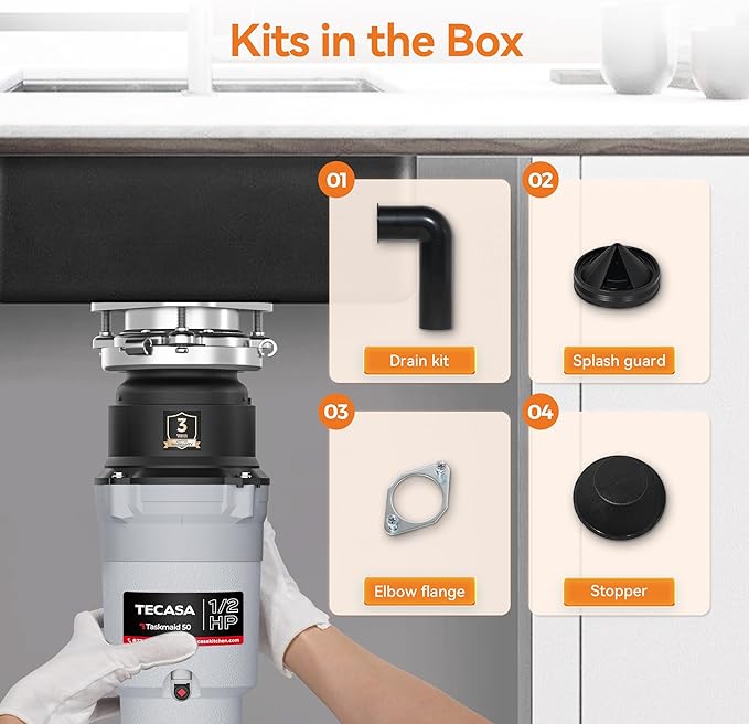 1/2 HP Garbage Disposal, Stainless Steel Food Waste Grinding System and 3-Bolt Mounting, Continuous Feed Compact Garbage Disposals, Power Cord Included, Taskmaid Series 50