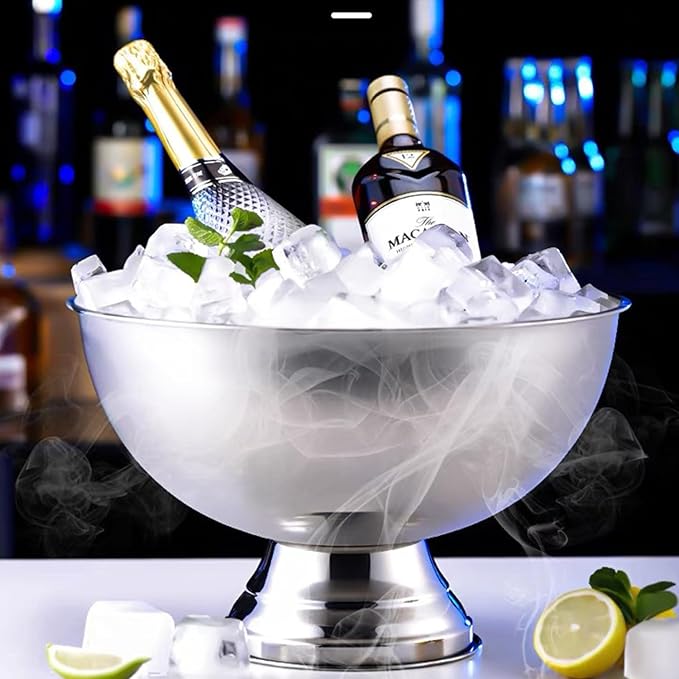 Large Ice Bucket 13L Stainless Steel Champagne Bowl Ice Bucket with Ice Scoop Semicircle Drink Tub with Integrated Base Silver Beverage Tub for Parties, Cocktail Bar, Chilling Wine,2Packs (1 pack)