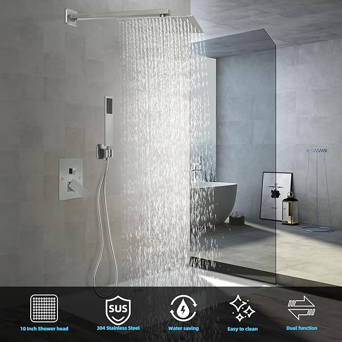 Bathroom Shower Faucet Set，10 Inch Rain Shower Head with Handheld Spray，Brass Shower Valve Trim Kit，Wall Mounted Square Rain Shower System (Brushed Nickel)