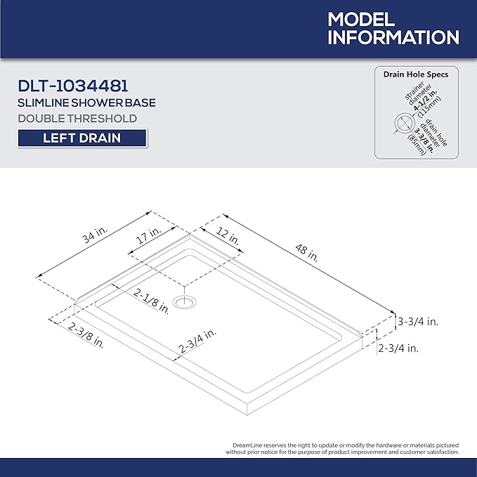 DreamLine SlimLine 34 in. D x 48 in. W x 2 3/4 in. H Left Drain Double Threshold Shower Base in Biscuit, DLT-1034481-22