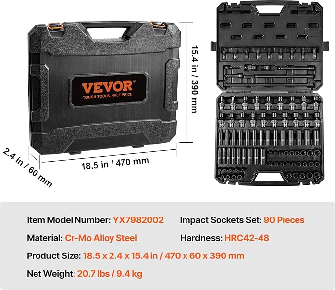 VEVOR Impact Socket Set 3/8" Drive, 90 PCS, CR-MO, SAE 1/4"-3/4" Metric 6-19mm, with Shallow & Deep Sockets, Swivel & E-Torx & Bit socket Sockets, Extension Bars, Adapters, Universal Joint