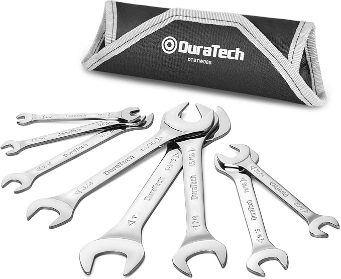 DURATECH Super-Thin Open End Wrench Set, SAE, 8-Piece, Including 1/4", 9/32", 5/16", 3/8", 11/32", 13/32", 7/16", 1/2", 9/16", 11/16", 3/4", 13/16", 7/8", 15/16", 1", 1-1/16", with Rolling Pouch
