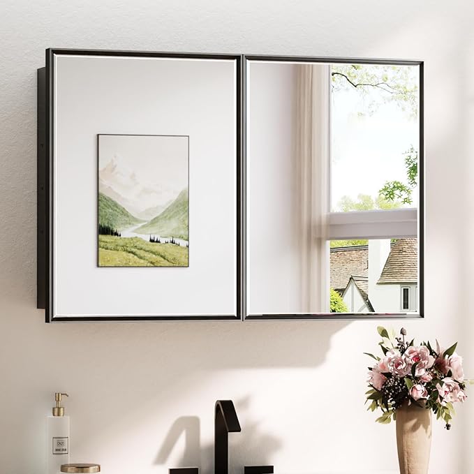 TokeShimi 36x24 Recessed Medicine Cabinet with Mirror Black, Beveled Bathroom Mirror with Storage Aluminum, Surface Mounted Metal Medicine Cabinets for Bathroom Vanity Wall