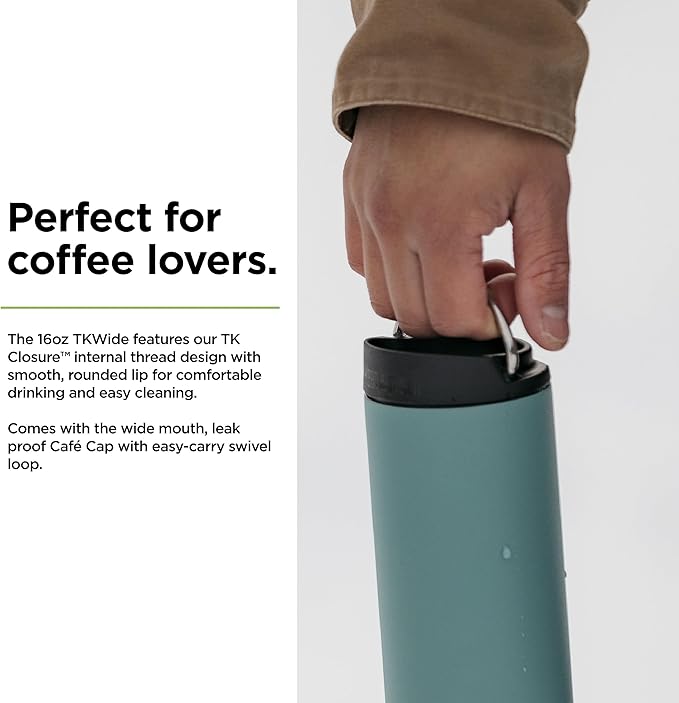 KLEAN KANTEEN TKWide Insulated Coffee Tumbler with Café Cap - Stainless Steel Coffee Tumbler - 16 Oz, Beryl Green