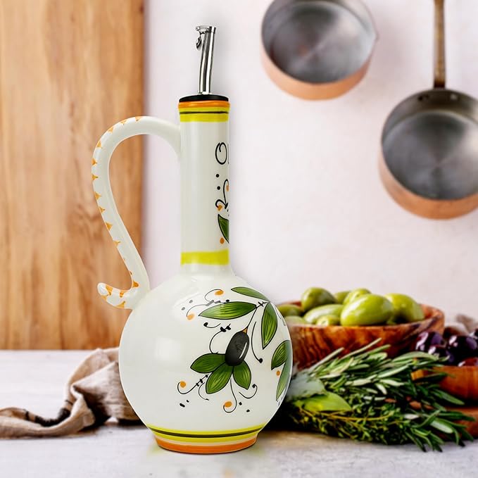 Hand-Painted Ceramic Olive Oil Dispenser Bottle – 15oz Decorative Stoneware Cruet with Stainless Steel Spout for Oil, Vinegar, Syrups, and Sauces