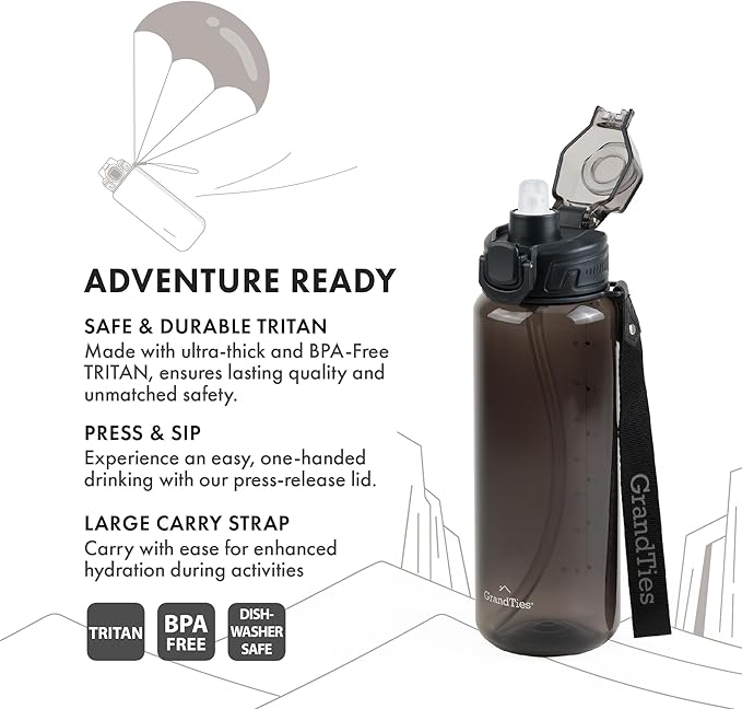GRANDTIES Sports Tritan Plastic Water Bottle with Straw, Removable – Leakproof BPA Free Dishwasher Safe Travel Water Bottle with Strap for Gym, Outdoor, Fitness (Midnight Black, 28oz (800mL))