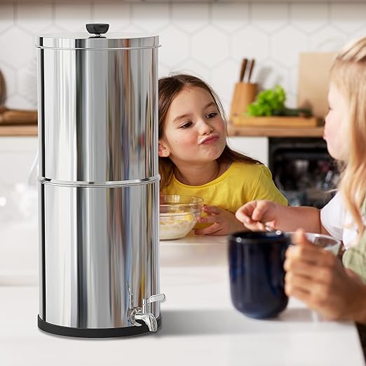 Gravity-Fed Water Filter System 2.25G Stainless Steel Countertop Water Filtration System with 2 Carbon Filters Reduce Lead and 99% Chlorine Conforms to NSF/ANSI 42&372 Standards Portable