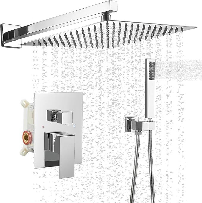 BWE 12 Inch Square Bathroom Luxury Rain Mixer Shower Combo Set Wall Mounted 2-Functions Rainfall Shower Head System Polished Chrome Shower Faucet Rough-in Valve Body and Trim Included