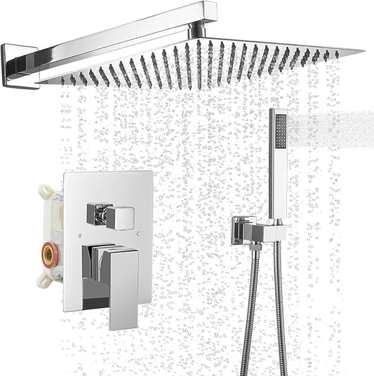 BWE 12 Inch Square Bathroom Luxury Rain Mixer Shower Combo Set Wall Mounted 2-Functions Rainfall Shower Head System Polished Chrome Shower Faucet Rough-in Valve Body and Trim Included