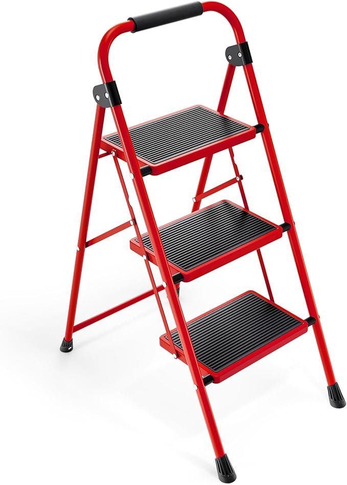 KINGRACK 3 Step Ladder, Folding Step Stool with Anti-Slip and Wide Pedal, Lightweight Stepladder with Handrails, Portable for Kitchen, Household, Red