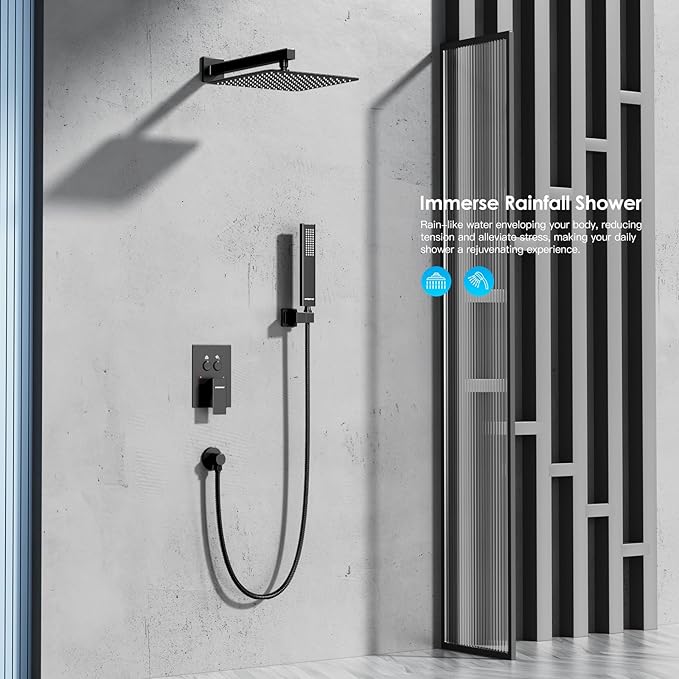 Shower System Shower Faucet Set with Push-Button Diverter and Wall Supply Elbow 12 Inch Shower Head Matte Black