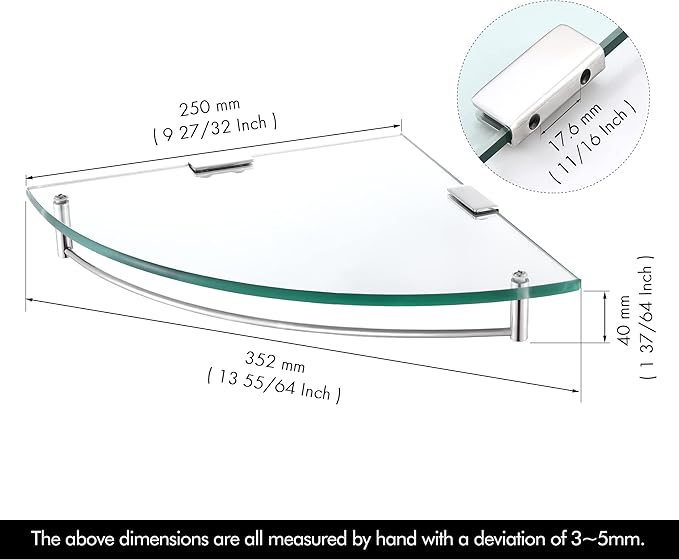 KES Glass Corner Shelf Bathroom Shelf Tempered Glass with Rail SUS 304 Stainless Steel Floating Wall Mount Bracket Polished Finish, BGS2101A