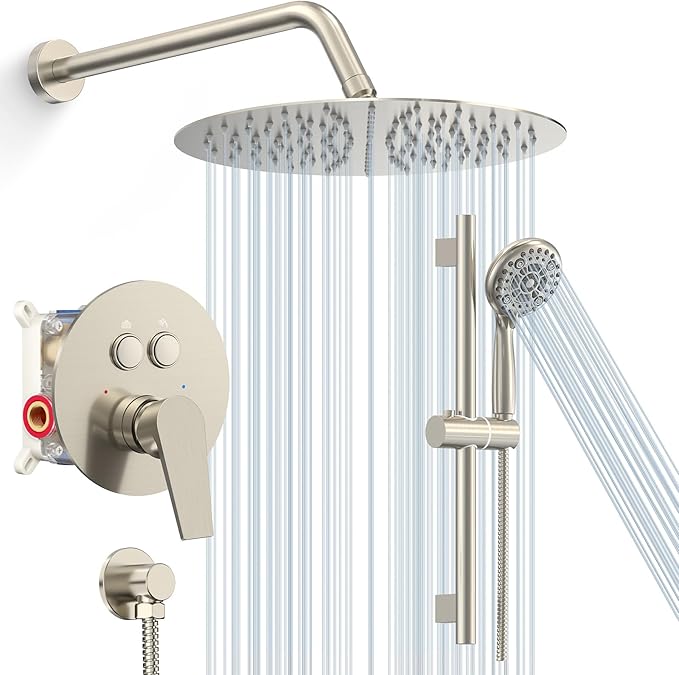 SR SUN RISE Shower System: 10 Inch Rainfall Shower Head with Handheld Combo Set - Slide Bar Bathroom Shower Faucet Set Wall Mounted (Valve and Trim Kit Included) - Brushed Nickel