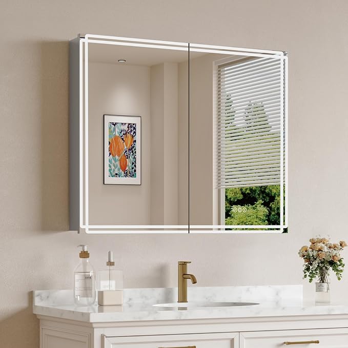 Buruis 32'' x 32'' Medicine Cabinet with Lights and Mirrors, Recessed or Wall Mounted Modern Bathroom Cabinet with 3-Mode Light, Anti-Fog, Dimmable, Memory Function, Outlet, Silver