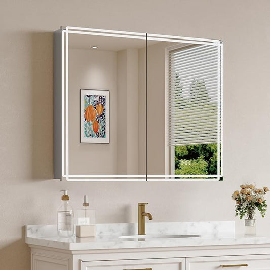 Buruis 32'' x 32'' Medicine Cabinet with Lights and Mirrors, Recessed or Wall Mounted Modern Bathroom Cabinet with 3-Mode Light, Anti-Fog, Dimmable, Memory Function, Outlet, Silver