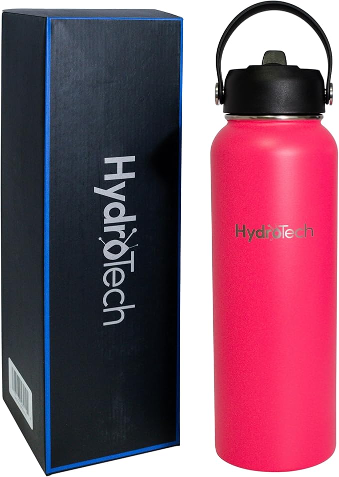 HydroTech Stainless Steel Leak Proof Water Bottle with Double Wall Insulation and 2 Lids (Straw Lid) - 40 OZ. (Pink)