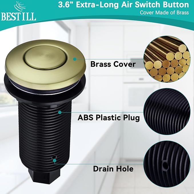 BESTILL Garbage Disposal Air Switch Kit - Brushed Gold Garbage Disposals Button, 3.6” Long Sink Top On/Off Push Button for Waste Disposer, Brass Made Cover, UL Listed, Compatible with all Disposers