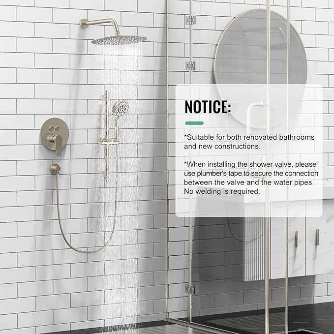 SR SUN RISE Shower System: 12 Inch Rainfall Shower Head with Handheld Combo Set - Slide Bar Bathroom Shower Faucet Set Wall Mounted (Valve and Trim Kit Included) - Brushed Nickel