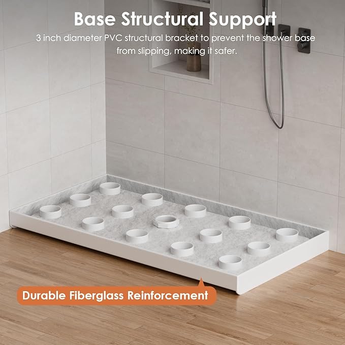 60"x 32" Shower Base, Center Drain Single Threshold Shower Pan with Slip Resistant Textured Surface, Stainless Steel Drain Cover（Center）