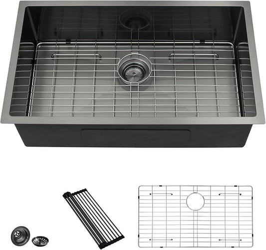Lordear 32 Black Kitchen Sink Undermount 32" x 19" x 10" Gunmetal Black 16 Gauge Stainless Steel Single Under Counter Rectangular Handmade Sinks Basin